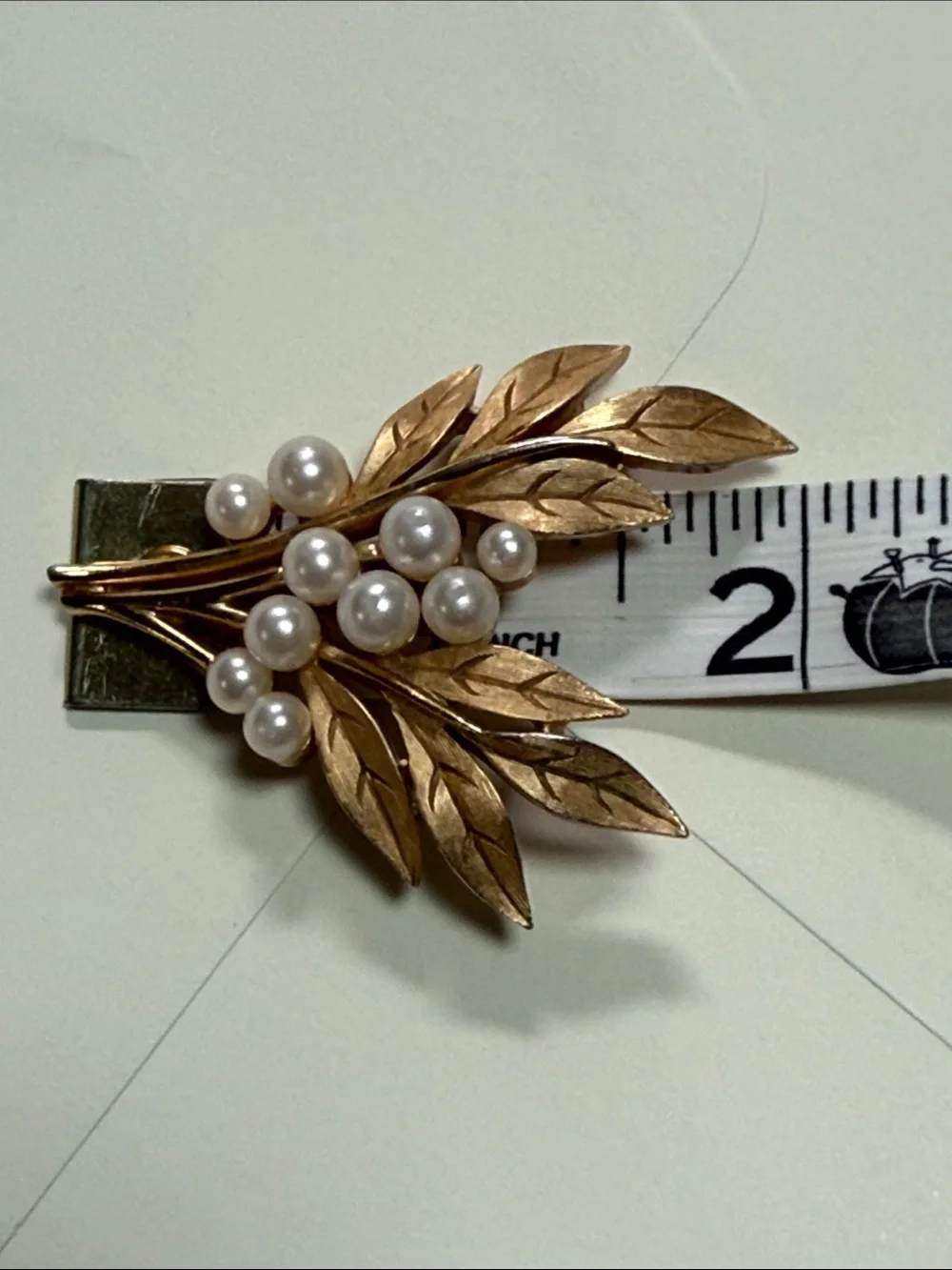 Vintage Crown Trifari Goldtone and Faux Pearl Leaf Brooch